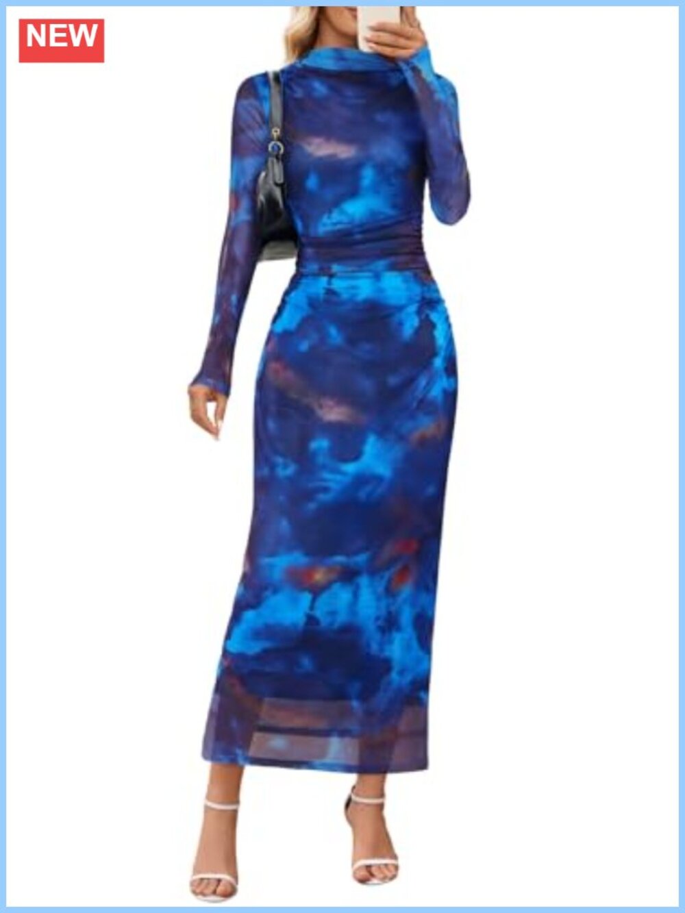 Long Sleeve Mock Neck Bodycon Maxi Dress Ruched Mesh